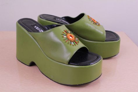 Sea Punk, Chunky Platform Shoes, Beaded Mirror, 90s Era, Chunky Shoes, Indian Style, Olive Green, Green