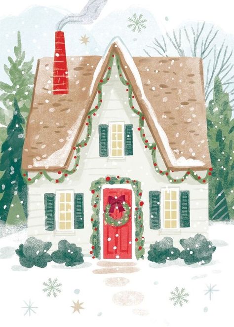 Cute Christmas Illustration Art Prints, Christmas Illustration Artwork, Christmas Aesthetic Interior, Christmas House Drawing Ideas, How To Draw Winter Things, Cute Christmas Illustration Art, Christmas House Art, Christmas Prints Art, Christmas Card House