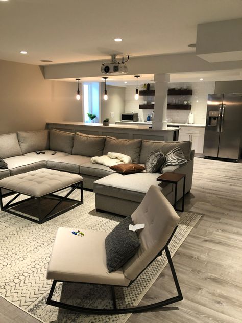 Sectional Basement Layout, Large Finished Basement Ideas, Furnished Basement Ideas, Long Narrow Basement Ideas, L Shaped Basement Layout Ideas, Basement Furniture Layout, Long Basement Ideas Layout, Small Basement Ideas Layout, Unique Basement Ideas