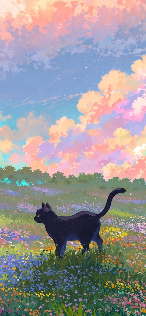 Cat Pattern Wallpaper, Pastel Skies, Iphone Wallpaper Cat, Pastel Sky, Black Cat Art, Cool Wallpapers Art, Pretty Wallpapers Backgrounds, Cat Wallpaper, Anime Scenery Wallpaper