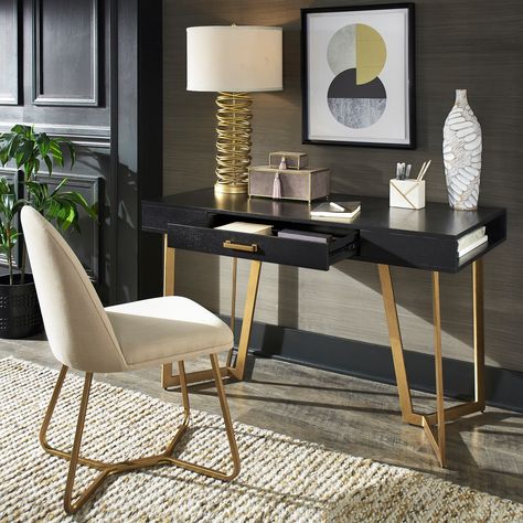 Display a bold and glam aesthetic in your home office work space with the iNSPIRE Q Cheyenne black and gold finish writing desk. This beautiful desk makes a dramatic statement as its black top contrasts with the metallic gold finish metal base. Black Gold Office, Office Decoration Ideas, Modern Office Interior, Black Writing Desk, Best Home Office, Minimalist Home Office, Glam Aesthetic, Modern Office Interiors, Interior Office