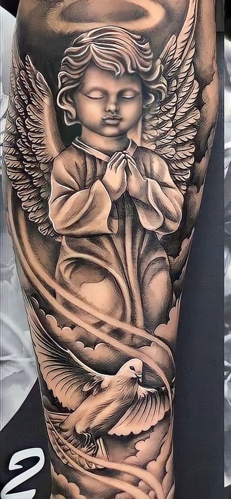 Best Angel Tattoos For Men, Heaven Tattoos For Women, Family Tree Arm Sleeve Tattoo, Angel Tattoo Men Bicep, Let Sleeve Tattoo For Men, Dove Sleeve Tattoo For Men, Angel Half Sleeve Tattoo For Women, Leg Tattoos Angel, Angels Tattoo Men