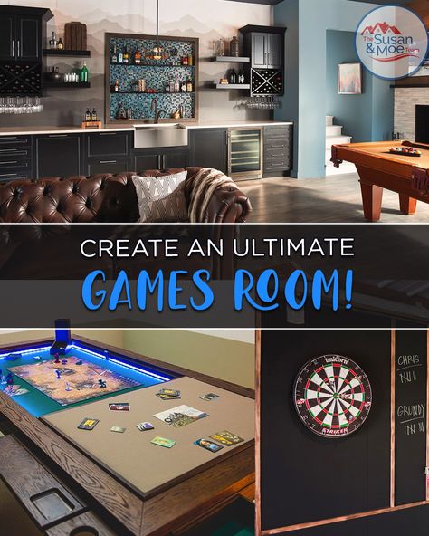 Given that we are spending so much time at home lately, The Susan & Moe Team wants to help you make your home the ultimate hang-out spot! Previously, we created a list of fun outdoor games for you to play. Since then, we have compiled a list of great game room ideas so you can create the ultimate games room indoors! Happy gaming! 🎲 🧩 🎮 🎯 Game Night Room Ideas, Playroom And Game Room Ideas, Finished Basement Game Room Ideas, Family Game Room Design Modern, Dining Room Into Game Room, Game Room Layout Ideas, Teen Rec Room Ideas, Game Room Furniture Ideas, Bar And Game Room Ideas