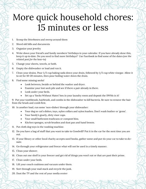 50+ Household Chores That You Can Do In 15 Minutes or Less Project Binder, Household Chores List, Chores List, Household Cleaning Schedule, Cleaning Checklists, Fly Lady, House Maintenance, Declutter Home, Family Command Center