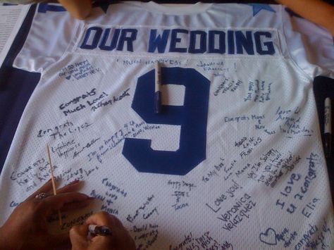 Dallas Cowboys Wedding Jersey Guest Book (#9 - Date of our Wedding) Dallas Cowboys Wedding Dress, Dallas Cowboys Wedding Theme, Dallas Cowboys Wedding Cake, Dallas Cowboy Wedding, Football Theme Wedding Decorations, Nfl Wedding Ideas, Football Wedding Ideas, Dallas Cowboys Wedding Ring, Nfl Wedding