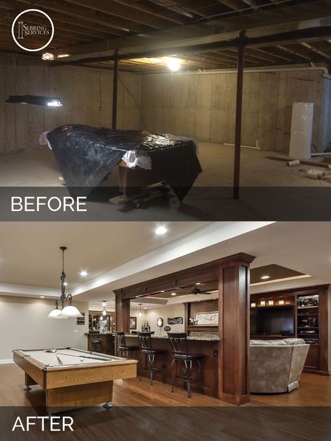 Bolingbrook Before & After Basement Finish Project - Sebring Services Basement Home Theater, Dream Basement, Basement Bar Designs, Basement Inspiration, Man Cave Basement, Diy Basement, Man Cave Home Bar, Small Basements, Basement Makeover