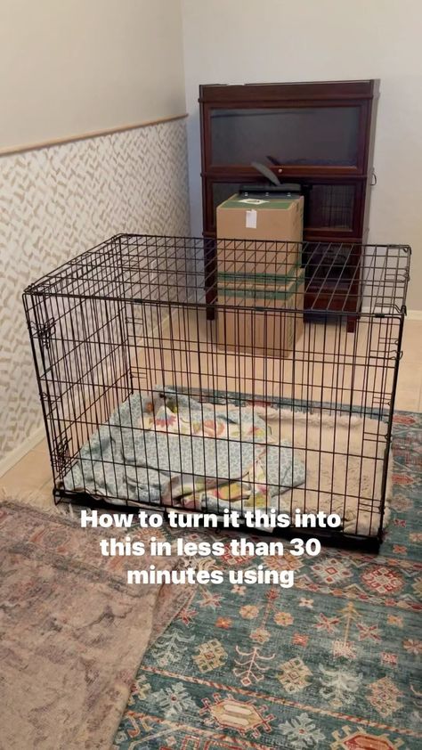 How To Cover Dog Crate, Dog Cage Covers Diy, Cover Dog Crate, Making Dog Crates Cute, Canela, Dog Kennel In Bedroom Ideas, Diy Dog Cage Cover, Dog Cage Repurpose, Decorating Dog Kennel