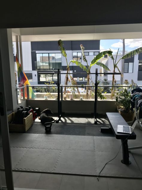 My balcony gym does the job! Home Gym Rooftop, Outdoor Patio Gym Ideas, Balcony Gym Ideas, Patio Gym Ideas, Patio Gym, Balcony Gym, Master Patio, Outdoor Balcony Ideas, Enclosed Balcony