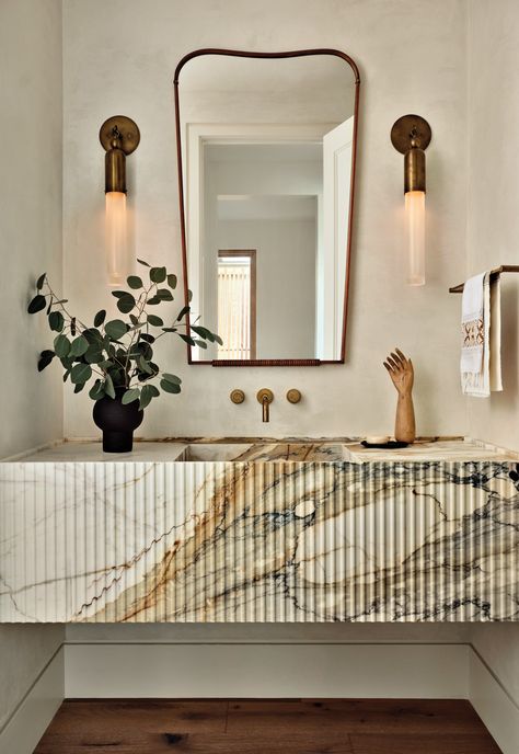 Fluted Marble, Luxe Magazine, Luxury Bathroom Design, Powder Room Sink, Powder Room Vanity, Powder Room Design, Marble Vanity, Marble Sinks, Austin Homes