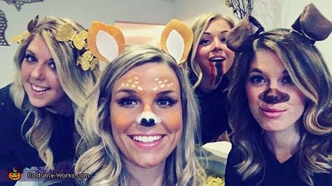 Andrea: Andrea as the butterfly filter, Megan as the deer filter, Brooke as the rainbow filter, and Rachel as the dog filter. I came up with the idea after seeing a... Snapchat Costume, Snapchat Filter Costume, Austin Trip, As The Deer, Kid Halloween, Dog Filter, Costume Works, Idea Photo, Make Up Tutorial