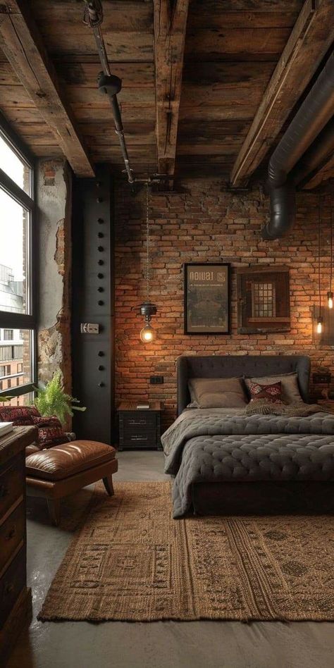 Chocolate Brown Bedrooms, Chocolate Bedroom, Men’s Bedroom Ideas, Male Bedroom, Male Bedroom Ideas, Exposed Ceiling, Men's Bedroom, Casa Country, Industrial Bedroom