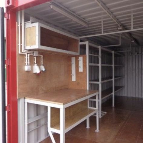 Shipping Container Woodshop, Container Woodshop, Shipping Container Workshop Ideas, Shipping Container Interior, Container Workshop, Shipping Container Workshop, Shipping Container Sheds, Shipping Container Storage, Container Home Designs