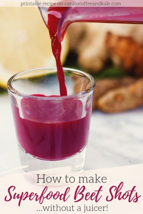 Love beets and all their health benefits?  Don't have a juicer?  Try this awesome recipe to make your own beet juice shots at home.  It's packed with ton of other antioxidant rich ingredients too.  Try our How to Make a Superfood Beet Juice Shot Without a Juicer!  #healthy #healthyliving #healthfood #cleaneating #vegan #paleo Beet Shots, Juice Shot, Beet Juice Recipe, Juice Shots, Wellness Shots, Detox Juice Recipes, Juicing Benefits, Beet Juice, Healthy Juice Recipes