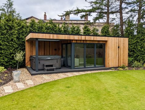 Garden Office Landscaping, Garden Room And Hot Tub, Private Outdoor Hot Tub Ideas, Covered Jacuzzi Outdoor Ideas, Outdoor Shelters Ideas, Pool House With Hot Tub, Garden Room With Sauna, Sauna Jacuzzi Garden, Outdoor Sauna And Hot Tub Ideas Backyards