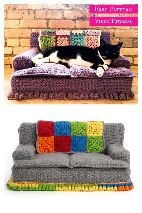 Diy Crochet Cat Bed, Kitty Couch, Comfy Crochet, Cat Projects, Diy Crochet Gifts, Diy Cat Bed, Cat Sofa, Crochet Cat Bed, Cat Couch