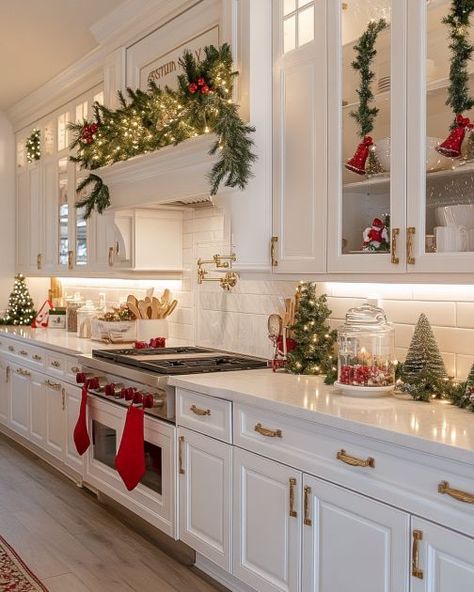 Lady makeovers her kitchen cabinets for Christmas. You must see these 8 amazing ideas Christmas Kitchen Hood Decor, Holiday Kitchen Island, China Cabinet Christmas Decorating Ideas, Red Ribbon On Kitchen Cabinets, Wrap Cabinets Christmas, Under Cabinet Christmas Decor, Christmas Cabinet Ideas, Stove Hood Christmas Decor, Small Christmas Coffee Bar Ideas