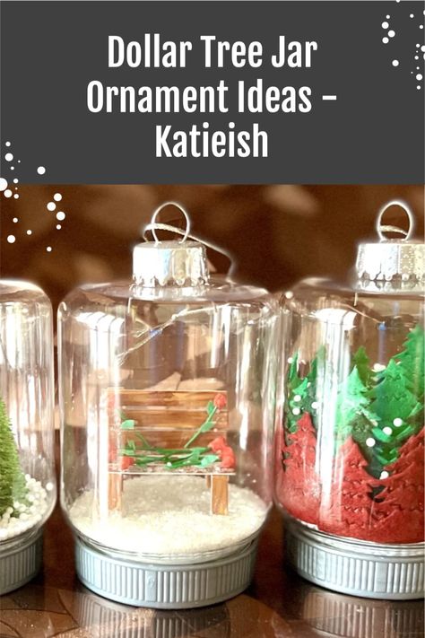 Plastic Mason Jar Ornaments, Dollar Tree Mason Jar Ornaments Diy, Dollar Tree Plastic Candy Jar With Lid Ideas, Diy Christmas Ornaments Dollar Tree, Dollar Tree Clear Ornament Ideas, Mason Jar Ornaments Diy, Jar Ornaments Diy, Glass Milk Bottle Crafts, Dollar Tree Ornaments Diy