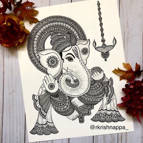 One more #repost of Lord #Ganesha in a conch - inspiration for this came from a Ganesha idol I saw on my friend Pinky's blog -… Lord Ganesha Art, Boho Art Drawings, Indian God, Mandala Art Therapy, Pen Art Drawings, Doodle Art Drawing, Ganesh Art, Beautiful Art Paintings, Mandala Art Lesson