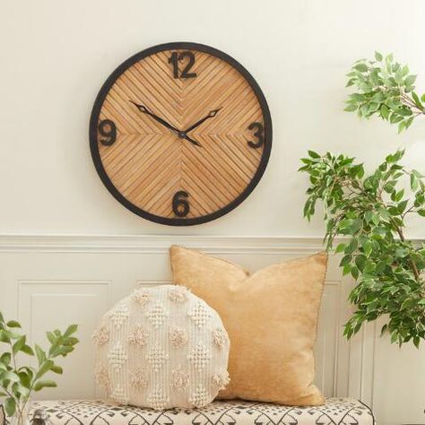 Light Brown Wood and Black Metal Industrial Wall Clock | World Market Time Is Gold, Industrial Clock Wall, Carved Wood Frame, Industrial Wood, Number 12, Wood Panels, Industrial Wall, Wall Finishes, Wood Wall Clock