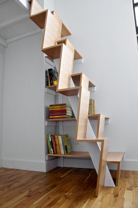 50 Creative Ways To Incorporate Book Storage In & Around Stairs Compact Staircase, Scale Loft, Space Saving Staircase, Loft Staircase, Wooden Staircase, Loft Stairs, Escalier Design, Loft Modern, Stair Case