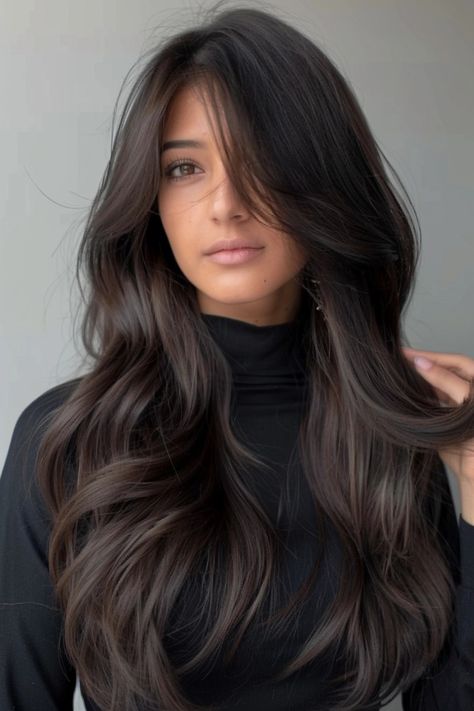 Butterfly Haircut Balayage, Dark Brown Hair With Curtain Bangs, Side Part Long Hair, Side Bangs Long Hair, Dark Wavy Hair, Haircuts For Long Hair With Layers, Hair Color Chocolate, Brown Hair Inspo, Brunette Hair With Highlights