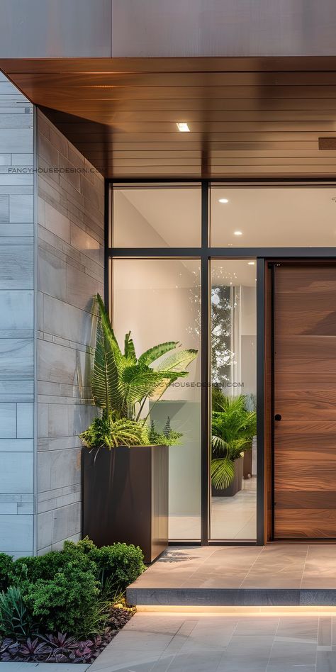 Modern Home Entrance with Greenery Modern Home Entrance, House Entrance Doors, Small Living Room Decor Ideas, Performance Aesthetic, Elegant House, Beautiful Front Doors, Exterior Renovation, Entrance Door Design, Home Entrance