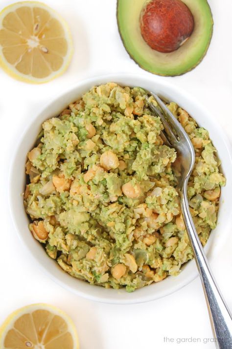 Chickpea Avocado Mash with Lemon (Easy + Vegan) - The Garden Grazer Avocado Chickpea Mash, Salads Vegan, Chickpea Mash, Avocado Chickpea, Chickpea Dip, Avocado Mash, Garden Grazer, Chickpea Avocado, Vegan Vibes