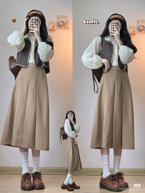 Casual Rustic Outfits, Earth Tone Outfits Korean, Earthtone Outfits, Earth Tone Outfits, Korean Fashion Women Dresses, Rustic Outfits, Long Skirt Casual, Casual College Outfits, Fashion Sketches Dresses