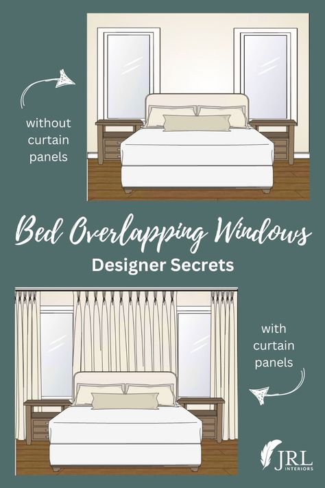 making a bed overlapping windows look good Bedroom Bed Between Two Windows, Master Bedrooms With Bed Between Windows, Master Bedrooms Functional, Curtains Over Two Windows, Bed 2 Windows, Master Bedrooms Decor With Windows, Bedside Table In Front Of Window, Bedroom With 4 Windows, Wall Space Between Two Windows