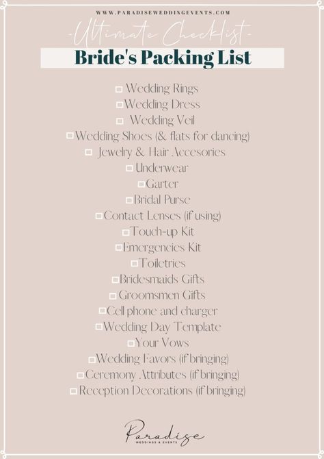 Bridal Packing List, Bridal Checklist, Wedding Emergency Kit, Wedding Planner Checklist, Wedding Day Checklist, Paradise Wedding, Bridal Tips, Wedding Planning Timeline, Wedding List