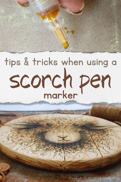 Ready to explore the art of decorating wood by burning a design on the surface? Get our top tips for using a scorch pen marker to create one-of-a-kind home decor pieces. From bold designs to delicate details, this versatile little pen will take your DIY projects to a whole new level. It’s easy, fun, and budget-friendly. Plus you won’t burn your fingers either. Couture, Wood Burning Pen Ideas, Wood Burning Ideas To Sell, Scorch Pen, Pyrography Tips, Scorch Marker, Wood Burning Tips, Pen Projects, Garden Decor Crafts