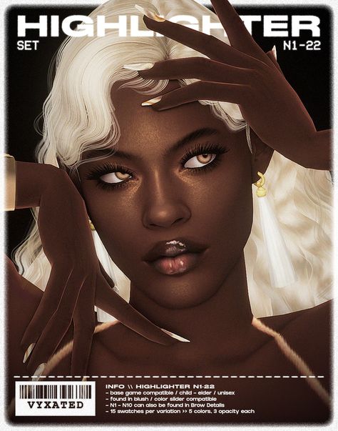 Highlighter Set N1 - N22 | Patreon Black Sims 4 Cc, Sims 4 Urban Cc, Sims 4 Urban, Afro Hair Sims 4 Cc, Sims 4 Afro Hair, Black Sims, Sims 4 Piercings, Sims 4 Cc Eyes, The Sims 4 Skin