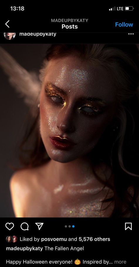 Angel Glitter Makeup, Dark Fallen Angel Aesthetic, Dark Angel Makeup Aesthetic, Halloween Makeup Fairy Dark, Halloween Fallen Angel Makeup, Fallen Angel Makeup Tutorial, Angel Make Up Ideas, Angel Costume Halloween Makeup, Fallen Angel Make Up