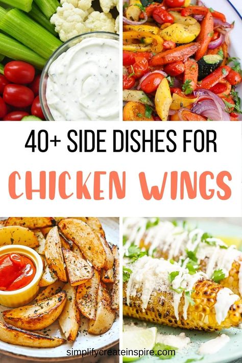 If you're looking for some delicious side dishes for chicken wings, look no further! These sides and appetiser ideas will complement your wings perfectly. From healthy sides to the ultimate comfort foods, you will find ideas for what to serve with chicken wings to suit any occasion and taste! Chicken wing side dishes, chicken wing appetisers, healthy sides for chicken wings. What to serve with chicken wings Buffalo Wings Meal Ideas, Side For Wings Ideas, Chicken Wing Lunch Ideas, Chicken Wing Display Ideas, Wings Platter Ideas, Chicken Wings Serving Ideas, Sides For Chicken Wings Dinners, Chicken Wing Side Dishes Dinners, Wing Party Sides