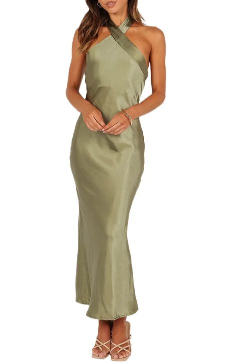 Shop Petal & Pup Online | Nordstrom Formal Wedding Attire, Satin Halter Dress, Stretch Satin Dress, Fall Wedding Guest, Fall Wedding Guest Dress, Green Bridesmaid, Guest Attire, Green Bridesmaid Dresses, Essential Dress