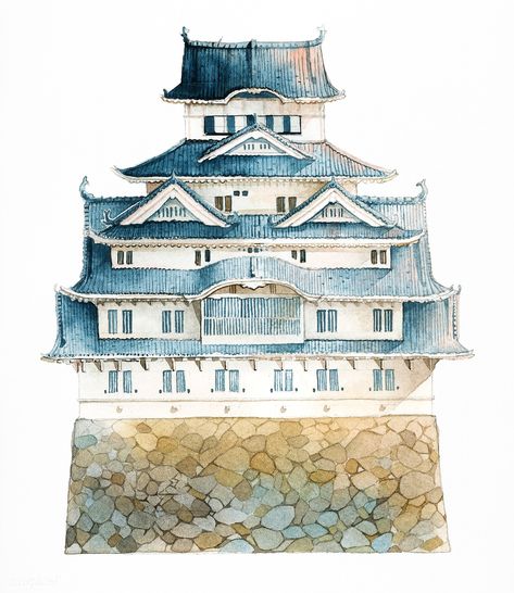 Himeji castle in Japan vector | premium image by rawpixel.com / Niwat Japanese Architecture Watercolor, Himeji Castle Drawing, Japanese Castle Drawing, Teapot Drawing, Watercolor Castle, Japan Watercolor, Castle Vector, Travel Watercolor, Castle Drawing