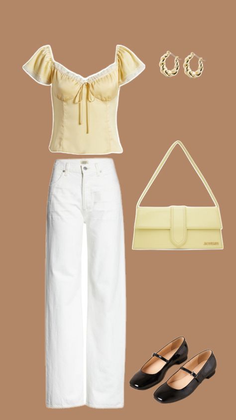 Casual outfit idea un butter yellow✨ Butter Yellow Top Outfit, Yellow Pastel Outfit, Yellow Outfit Casual, White And Yellow Outfit, Butter Yellow Outfit, Yellow Top Outfit, Yellow Outfits, Casual Outfit Idea, Pastel Outfit