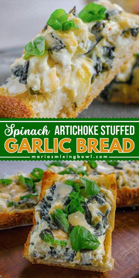 Spinach Artichoke Stuffed Garlic Bread is the ultimate appetizer. Combining the flavors of spinach artichoke dip and garlic bread into one delicious recipe, this bread is perfect for any gathering and always a hit. Spinach Garlic Bread, Spinach Artichoke Garlic Bread, Artichoke Garlic Bread, Stuffed Garlic Bread, Artichoke Stuffed, Baking Recipes Pie, Cheesy Spinach, Side Orders, Hot Bread