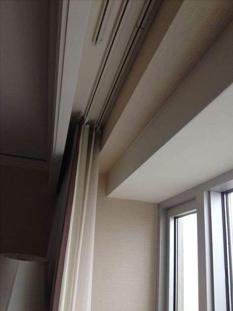 Curtain with wood hiding track (media room) | For the Home ... Curtain Detail, Curtain Pelmet, Ceiling Curtain Track, False Ceiling Bedroom, False Ceiling Living Room, Ceiling Curtains, Curtains Ideas, Plain Curtains, Ceiling Design Living Room