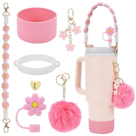 Limited-time deal: 3tyto Stanley Cup Accessories Set- Water Bottle Handle Strap, Siliocne Stanley Cup Boot, Stanley Charms for Stanley Cup 40oz Tumbler Stanley Charms, Unique Water Bottle, Ice Cream Holder, Straw Cover, Cup Accessories, Hari Valentine, Floral Rosa, Mors Dag, Botol Air