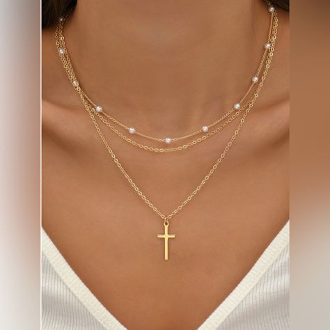 Layered White Gold Necklaces, Harry Styles Cross Necklace, Multiple Chain Necklaces, Layered Dainty Necklaces, Gold Christian Jewelry, Cross Necklace Stack, Gold Pearl Necklace Wedding, Cute Cross Necklace, Cross Necklace Aesthetic