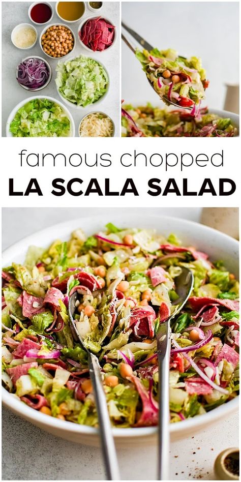 The La Scala Salad, famous for its balance of flavors and finely chopped ingredients, is packed with garbanzo beans, cheese, and salami in a tangy mustard vinaigrette. Originating at the La Scala restaurant in Beverly Hills, California, it's easy to make this iconic salad at home with simple ingredients. La Scala Salad, Scala Salad, Green Goddess Salad Recipe, Salad At Home, Chicken Caesar Salad Recipe, Cobb Salad Recipe, Cherry Tomato Salad, Salad Inspiration, Mustard Vinaigrette