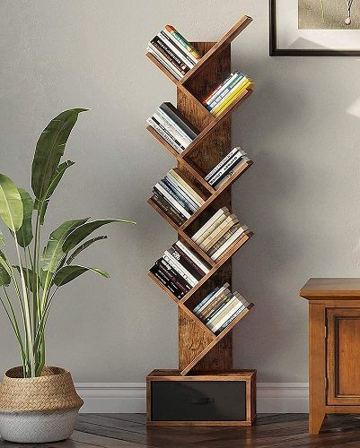 Modern Bookshelf Design, Brown Bookshelves, Vertical Bookshelf, Brown Bookcase, Tree Bookcase, Wood Storage Rack, Bookcase With Drawers, Tree Bookshelf, Corner Bookshelves