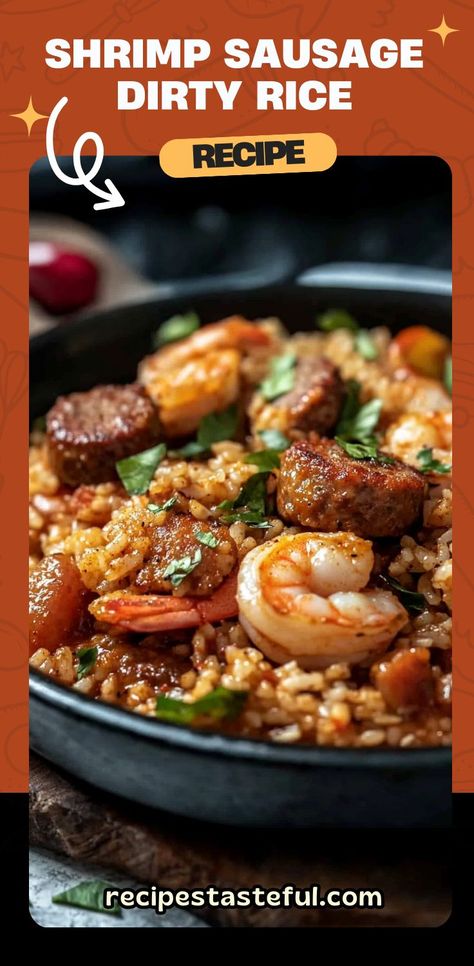 This Shrimp Sausage Dirty Rice is a flavorful, hearty dish that combines savory sausage, ground beef, and shrimp with spices and rice for a satisfying meal. Packed with flavor, this one-pan dish is perfect for a weeknight dinner or a family gathering. The blend of seafood seasoning, chili powder, and fresh vegetables creates an unforgettable meal that everyone will love! Serve it hot and enjoy a delicious, savory dish full of Cajun-inspired flavors. #DirtyRice #ShrimpSausageRice Seafood Dirty Rice, Dirty Rice With Sausage, Sausage And Shrimp Recipes, Meals With Ground Beef, Beef And Shrimp, Rice With Sausage, Cajun Rice, Dirty Rice Recipe, Sausage Recipes For Dinner