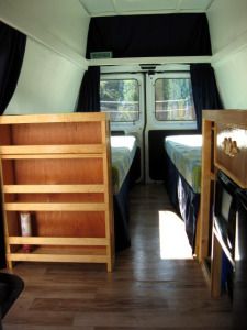 Cool van conversion.  must be a long van to put twin beds in area behind side doors Skoolie Living, Cargo Van Conversion, Van Bed, Cargo Trailer Conversion, Van Dwelling, Campervan Conversion, Van Ideas, Van Life Diy, Camper Remodel