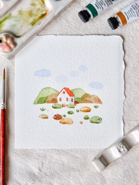 Cute watercolor illustration Easy Watercolor Illustration, Simple Watercolor Illustration, Mini Watercolor Paintings Simple, Mini Landscape Watercolor, Watercolor Simple Art, Simple Watercolor Ideas, Simple Watercolour Painting, Cute Watercolor Paintings, Mini Watercolor Paintings