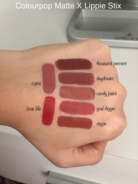 Colourpop Lip Stain, Color Pop Lippie Stix Swatches, Colorpop Lippie Stix Swatches, Colourpop Lippie Stix Swatches, Airport Aesthetics, Makeup Organizing, Lipstick Guide, Colourpop Lipstick, Colourpop Super Shock Eyeshadows Swatch