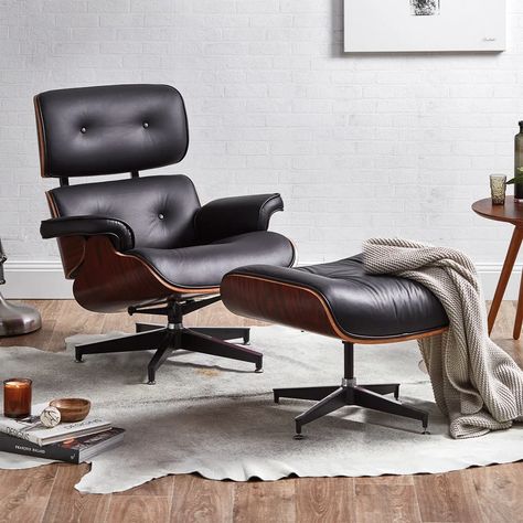 Wade Logan® Ethridge 33'' Wide Tufted Genuine Leather Full Grain Leather Swivel Armchair and Ottoman | Wayfair Mid Century Chaise Lounge, Interior Chair, Lounge Ottoman, Lounge Chair Ottoman, Lounge Chair And Ottoman, Chair Ottoman, Mid Century Armchair, Leather Lounge Chair, Charles Eames