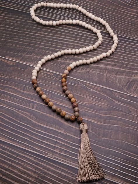 EMERY ROSE Tassel Charm Beaded Necklace | SHEIN Bohemian Necklace Boho Chic, Ivory Necklace, Pearl Strands Necklace, Beaded Tassel Necklace, Stone Beaded Necklace, Mother Of Pearl Necklace, Long Beaded Necklace, Bohemian Necklace, Geometric Necklace