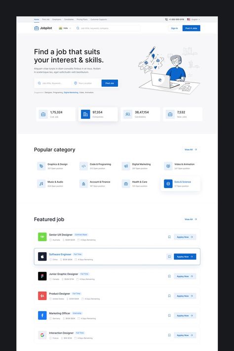 Jobpilot - Job Portal Website Homepage Portal Website Design, Job Portal Website, Web Design Jobs, Portal Website, Web Development Programming, Portal Design, Job Website, Figma Template, Directory Design